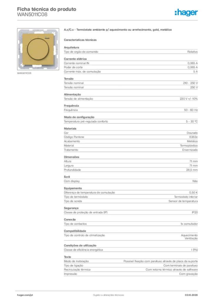 Imagem Hager Ficha técnica do produto WAN5011C08 | Hager Portugal