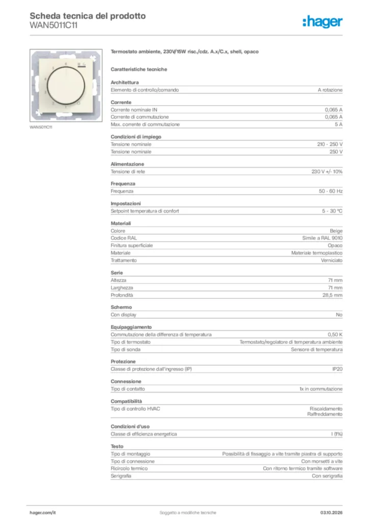 Immagine Hager Scheda tecnica del prodotto WAN5011C11 | Hager Italia