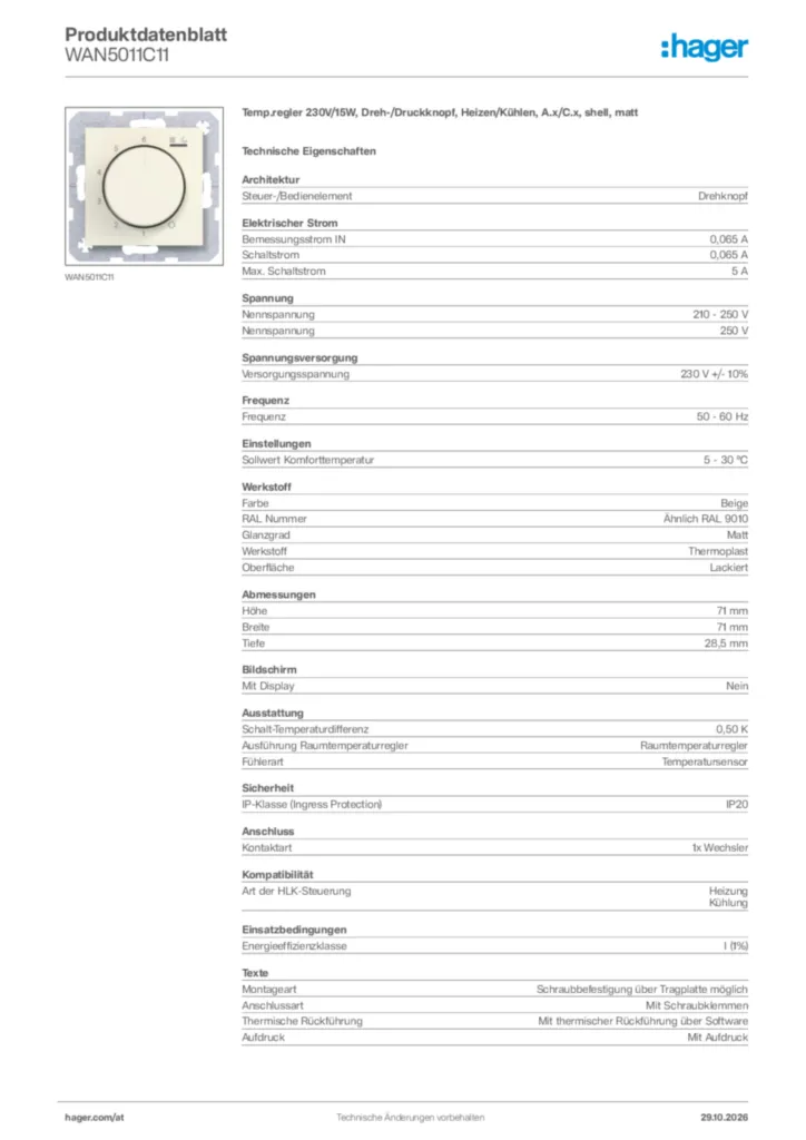 Bild Hager Produktdatenblatt WAN5011C11 | Hager Deutschland