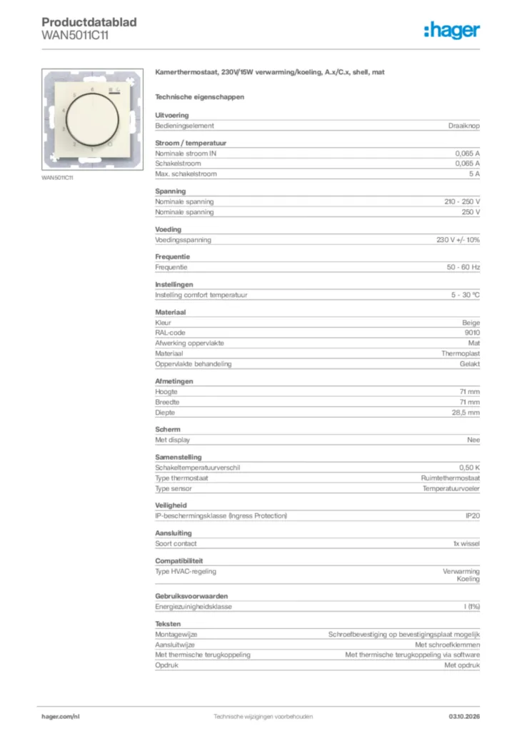 Afbeelding Hager Productdatablad WAN5011C11 | Hager Nederland