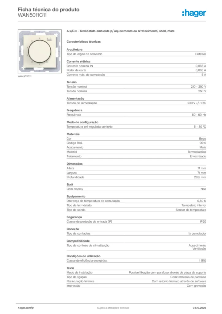 Imagem Hager Ficha técnica do produto WAN5011C11 | Hager Portugal