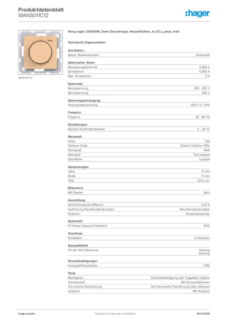 Bild Hager Produktdatenblatt WAN5011C12 | Hager Deutschland