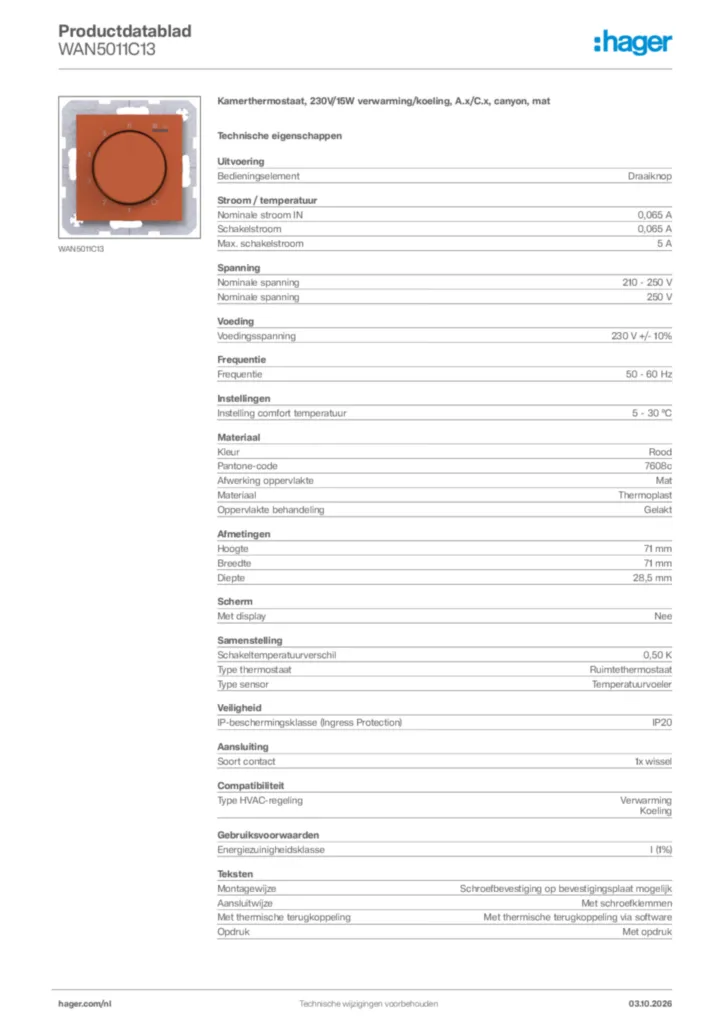 Afbeelding Hager Productdatablad WAN5011C13 | Hager Nederland