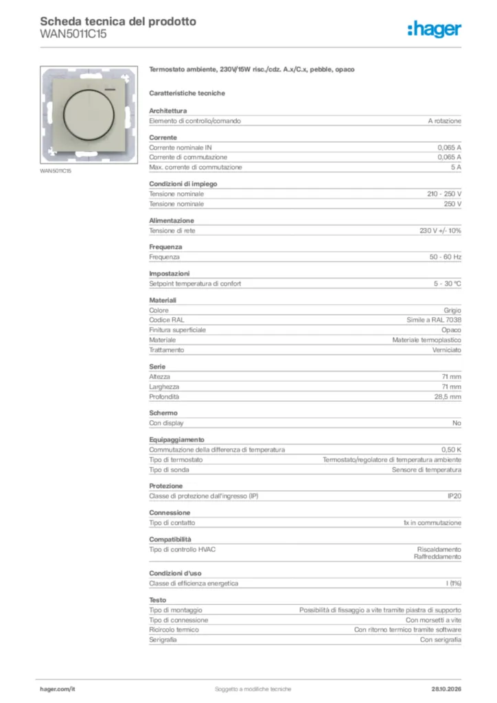 Immagine Hager Scheda tecnica del prodotto WAN5011C15 | Hager Italia