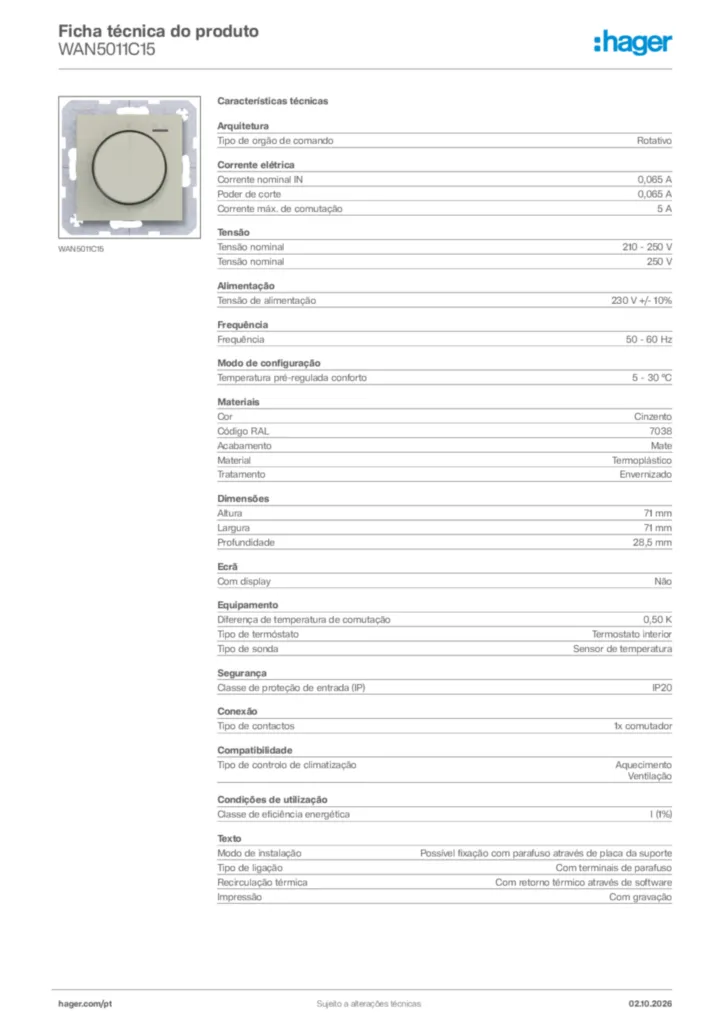 Imagem Hager Ficha técnica do produto WAN5011C15 | Hager Portugal