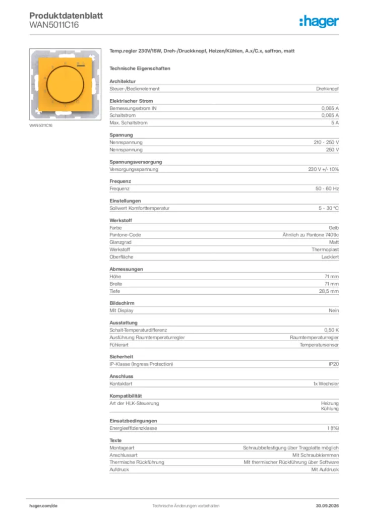 Bild Hager Produktdatenblatt WAN5011C16 | Hager Deutschland