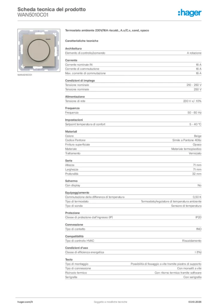 Immagine Hager Scheda tecnica del prodotto WAN5010C01 | Hager Italia