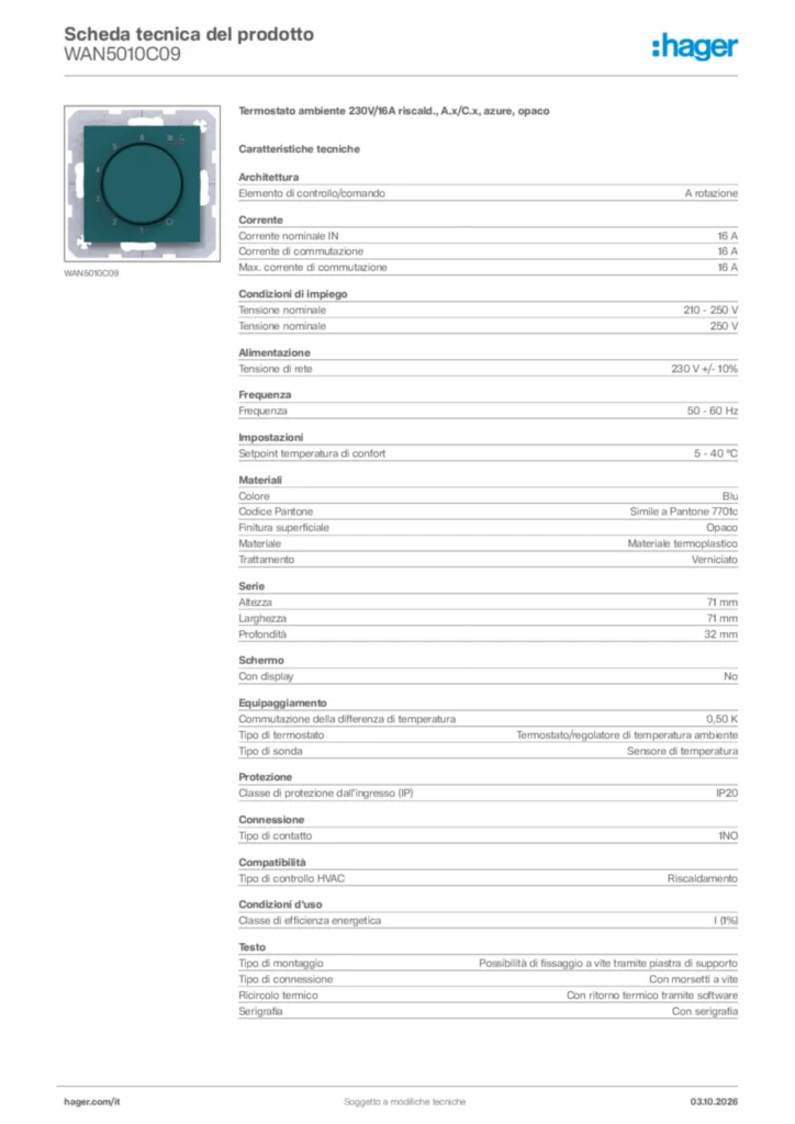 Immagine Hager Scheda tecnica del prodotto WAN5010C09 | Hager Italia
