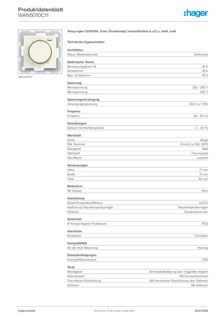 Bild Hager Produktdatenblatt WAN5010C11 | Hager Deutschland