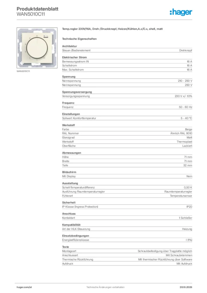 Bild Hager Produktdatenblatt WAN5010C11 | Hager Deutschland