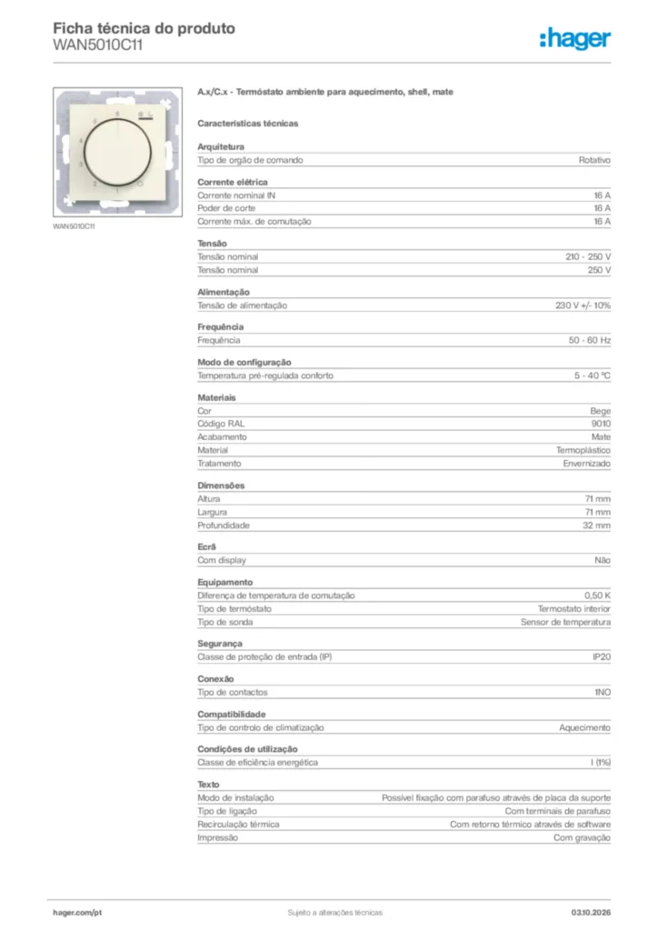 Imagem Hager Ficha técnica do produto WAN5010C11 | Hager Portugal