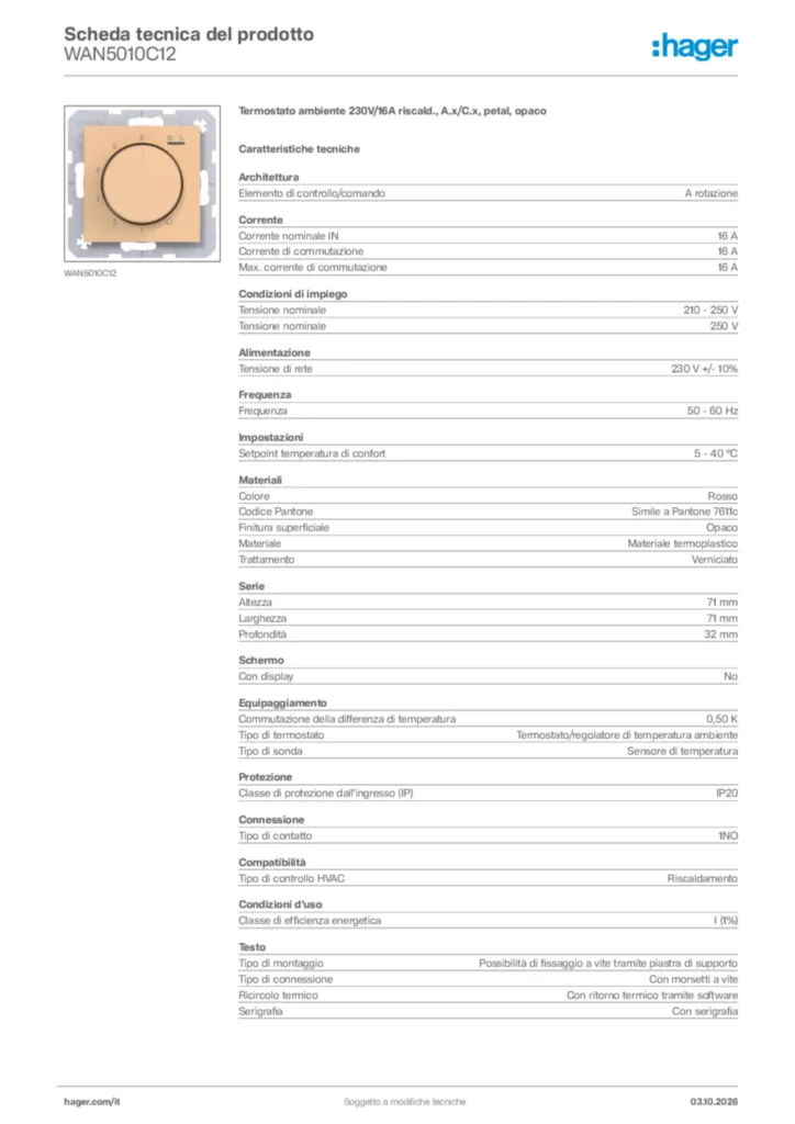 Immagine Hager Scheda tecnica del prodotto WAN5010C12 | Hager Italia