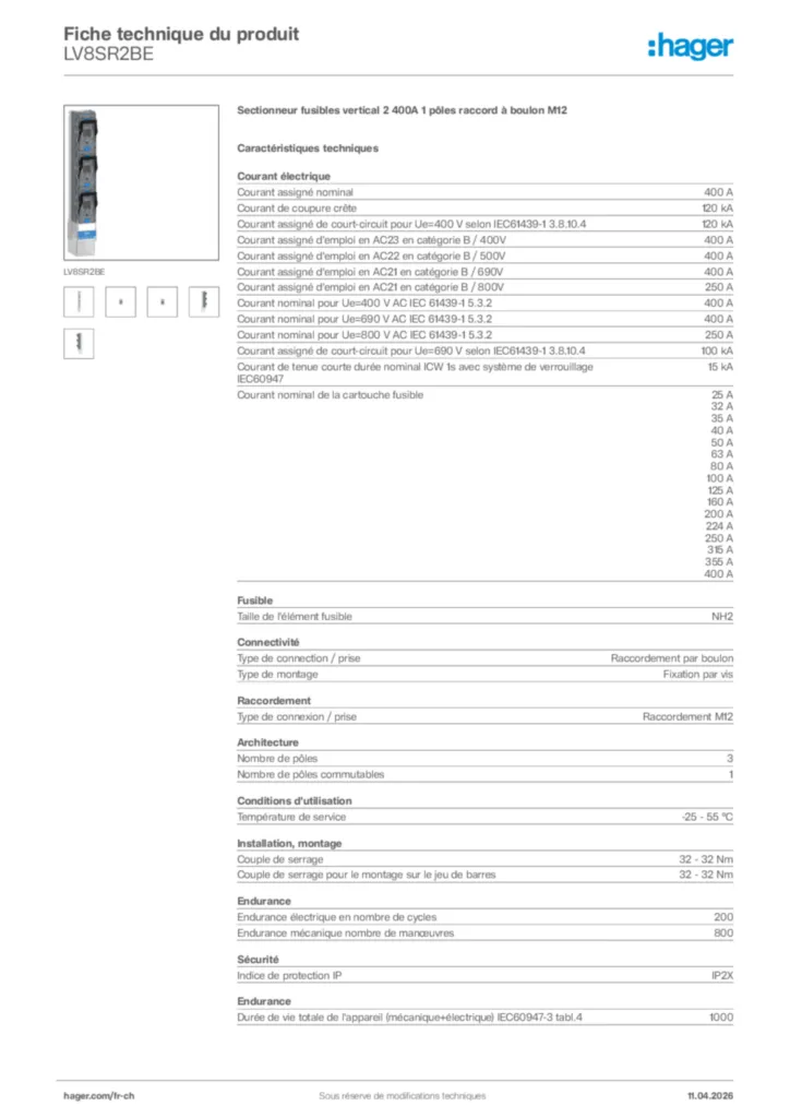 Image Hager Fiche technique du produit LV8SR2BE | Hager Suisse