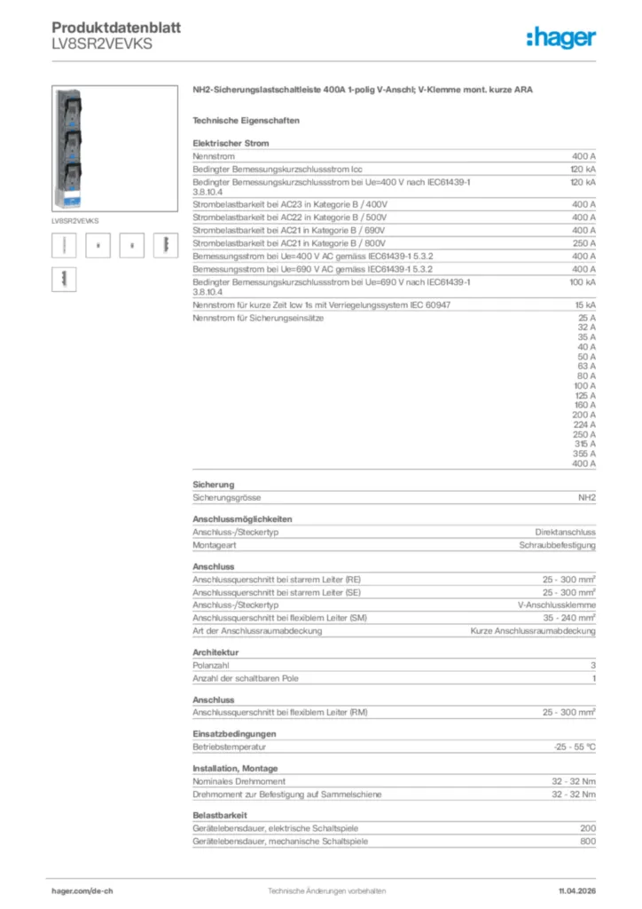 Bild Hager Produktdatenblatt LV8SR2VEVKS | Hager Schweiz