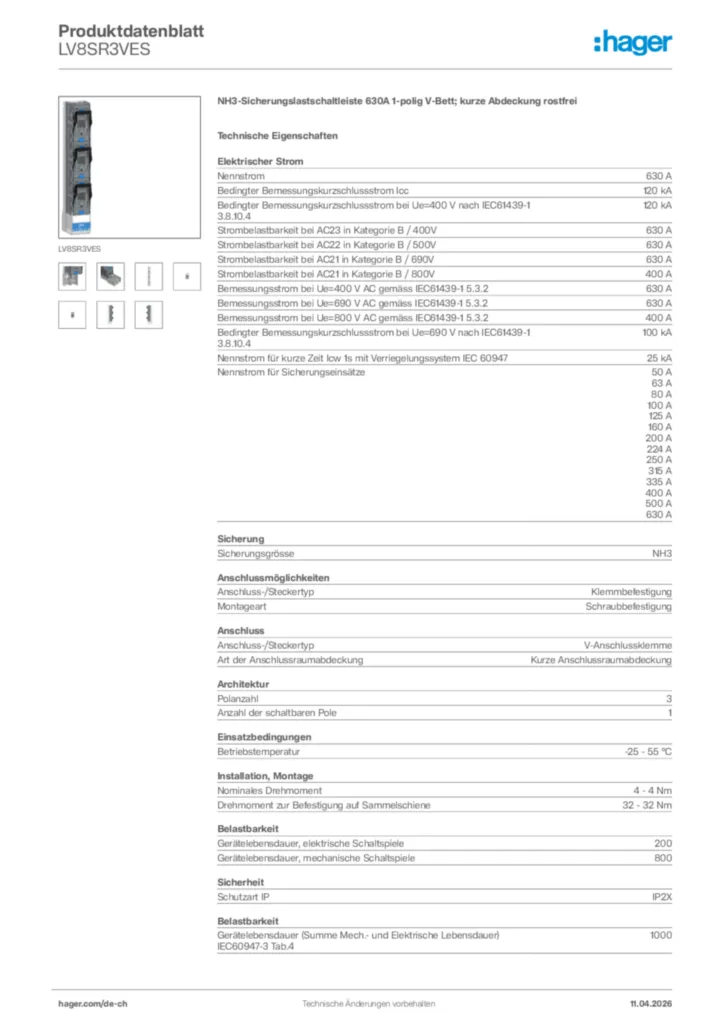 Bild Hager Produktdatenblatt LV8SR3VES | Hager Schweiz