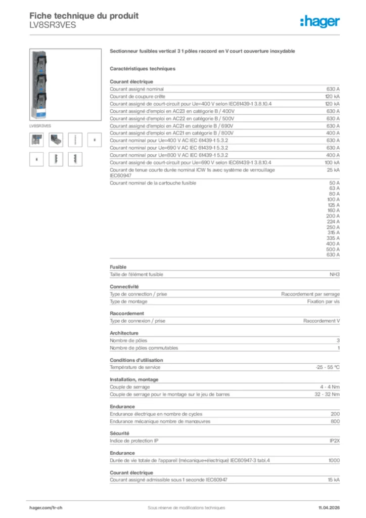 Image Hager Fiche technique du produit LV8SR3VES | Hager Suisse