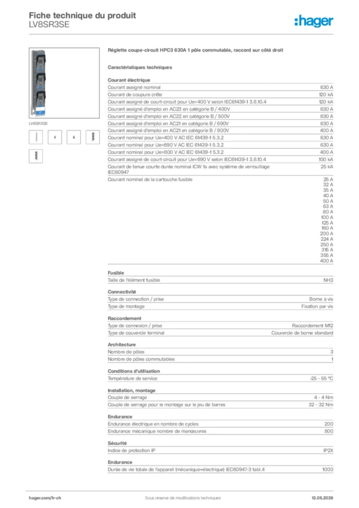Image Hager Fiche technique du produit LV8SR3SE | Hager Suisse