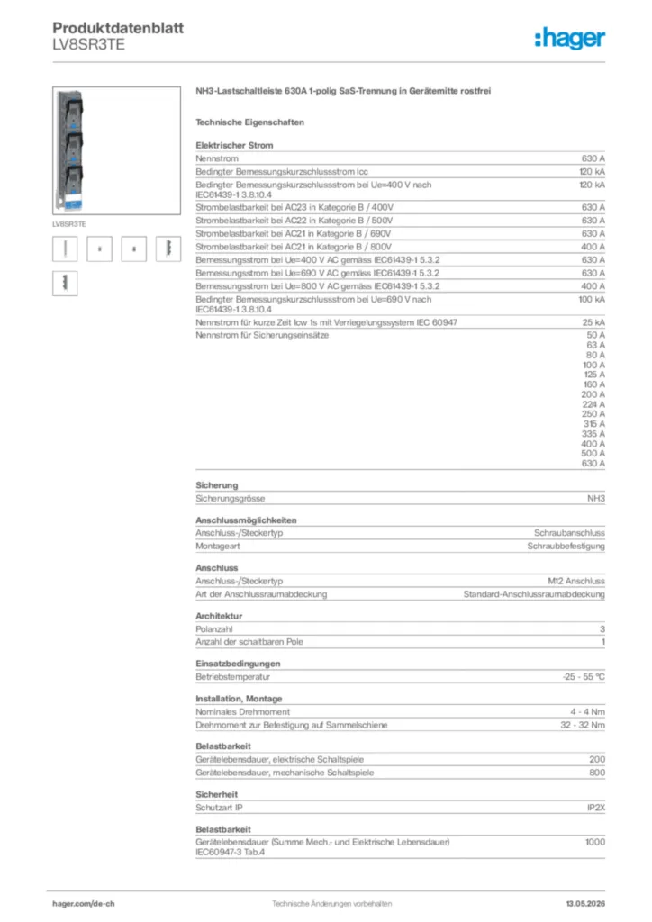 Bild Hager Produktdatenblatt LV8SR3TE | Hager Schweiz