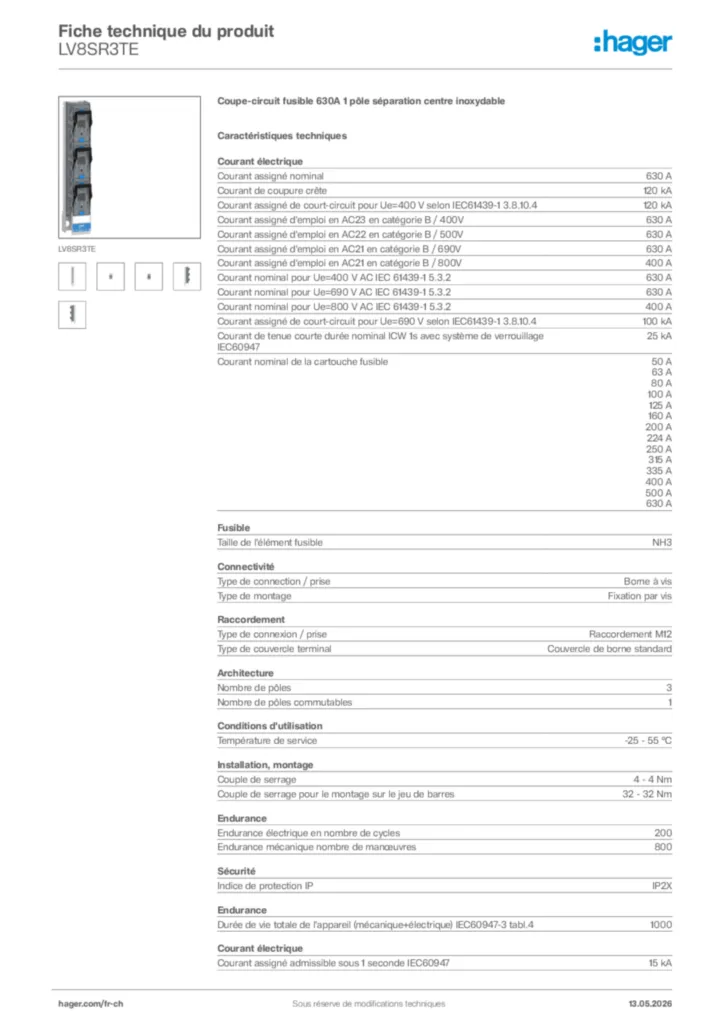 Image Hager Fiche technique du produit LV8SR3TE | Hager Suisse