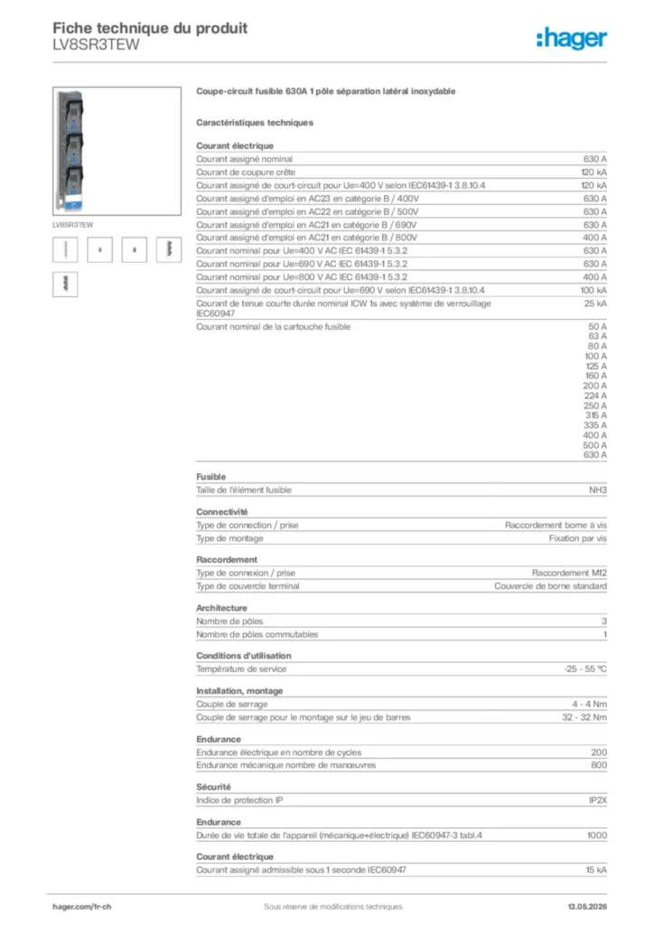 Image Hager Fiche technique du produit LV8SR3TEW | Hager Suisse