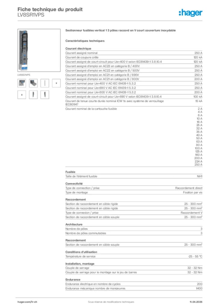 Image Hager Fiche technique du produit LV8SR1VPS | Hager Suisse