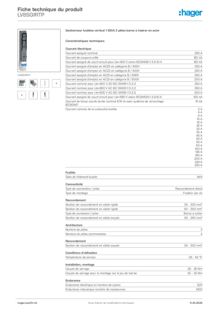 Image Hager Fiche technique du produit LV8SG1RTP | Hager Suisse