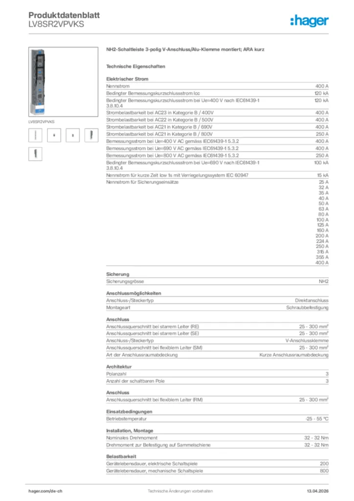 Bild Hager Produktdatenblatt LV8SR2VPVKS | Hager Schweiz