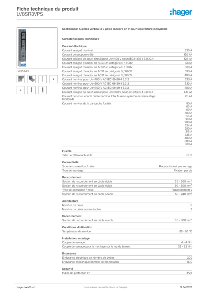 Image Hager Fiche technique du produit LV8SR3VPS | Hager Suisse