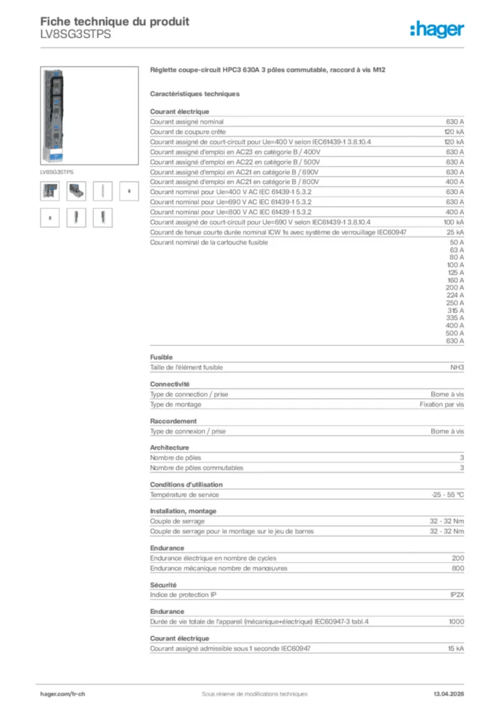 Image Hager Fiche technique du produit LV8SG3STPS | Hager Suisse