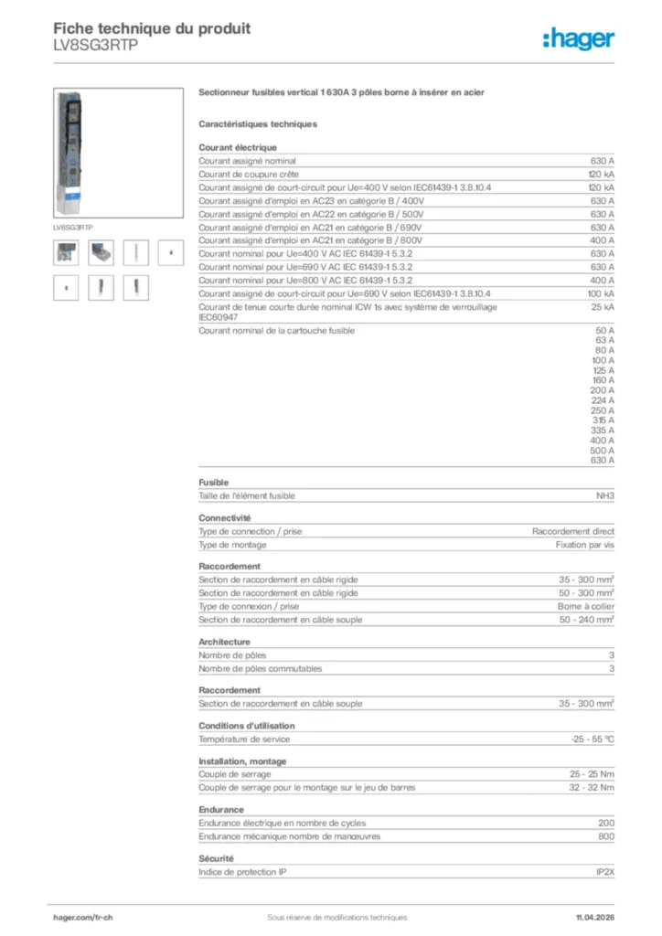 Image Hager Fiche technique du produit LV8SG3RTP | Hager Suisse