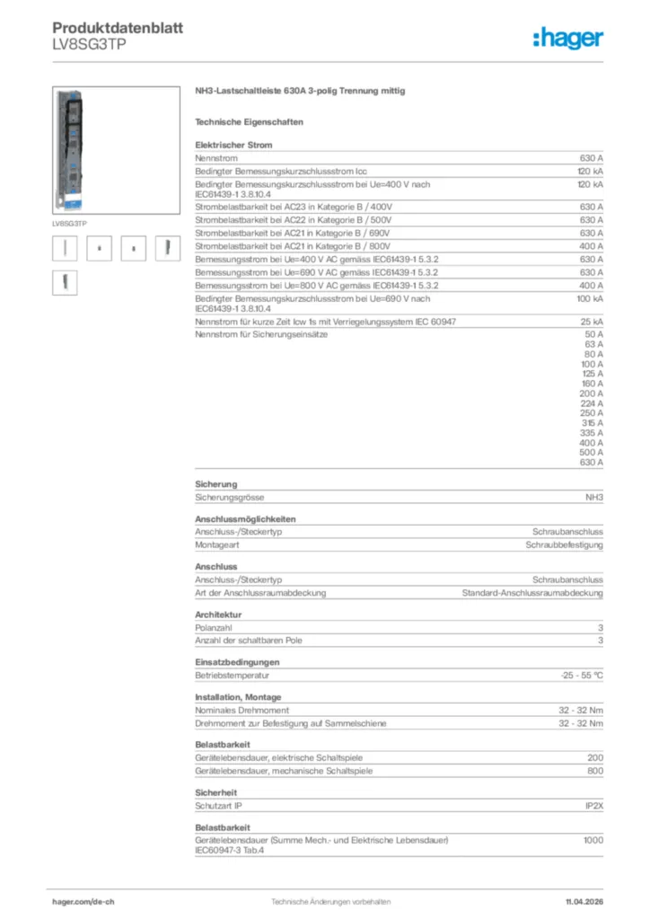 Bild Hager Produktdatenblatt LV8SG3TP | Hager Schweiz