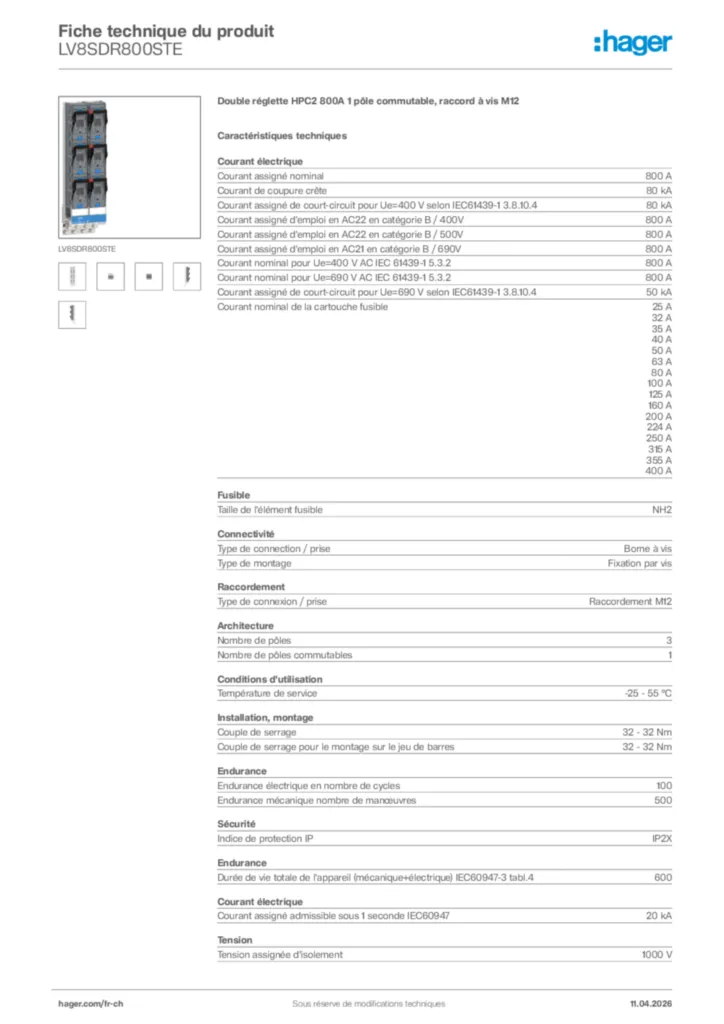 Image Hager Fiche technique du produit LV8SDR800STE | Hager Suisse