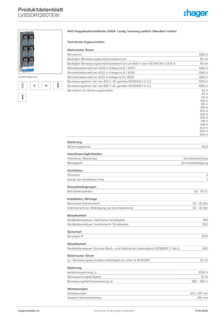 Bild Hager Produktdatenblatt LV8SDR1260TEW | Hager Schweiz