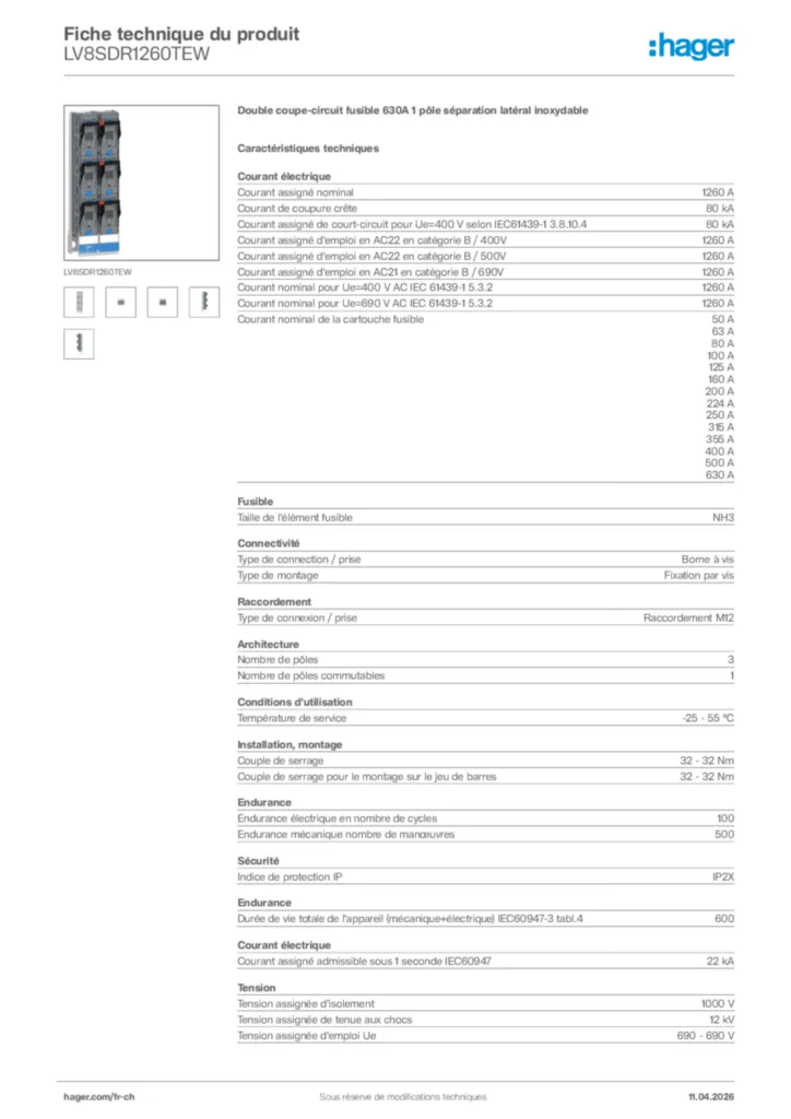 Image Hager Fiche technique du produit LV8SDR1260TEW | Hager Suisse