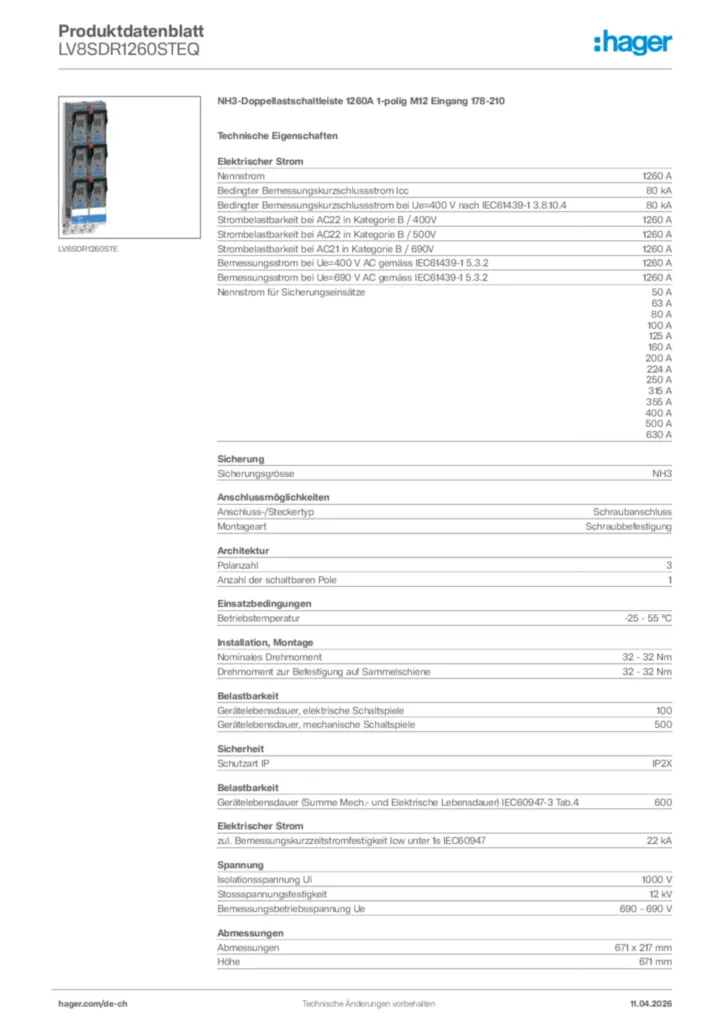 Bild Hager Produktdatenblatt LV8SDR1260STEQ | Hager Schweiz