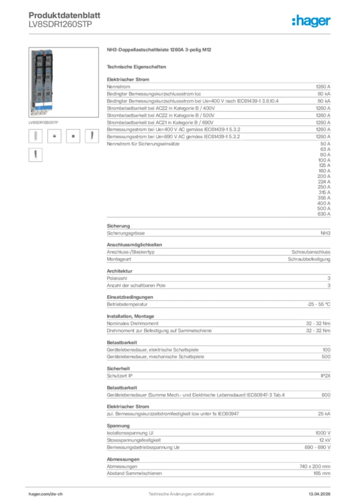 Bild Hager Produktdatenblatt LV8SDR1260STP | Hager Schweiz