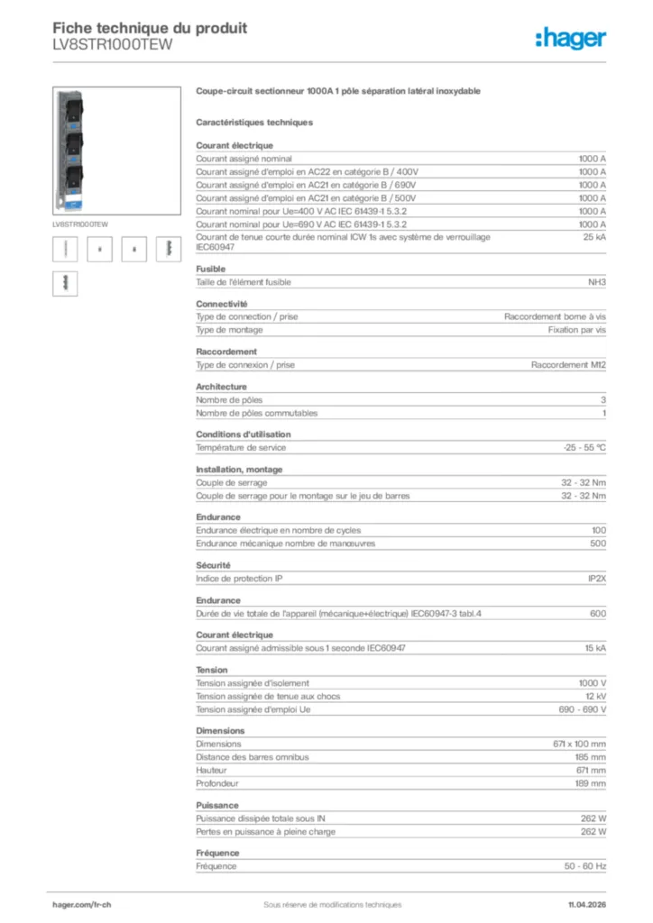 Image Hager Fiche technique du produit LV8STR1000TEW | Hager Suisse