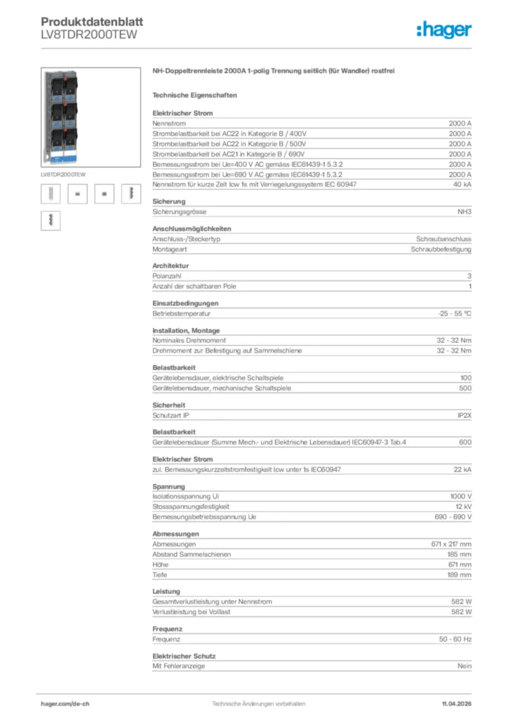 Bild Hager Produktdatenblatt LV8TDR2000TEW | Hager Schweiz