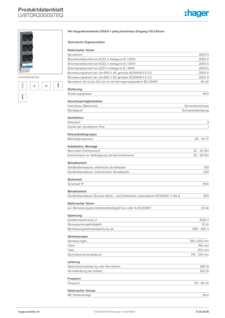 Bild Hager Produktdatenblatt LV8TDR2000STEQ | Hager Schweiz