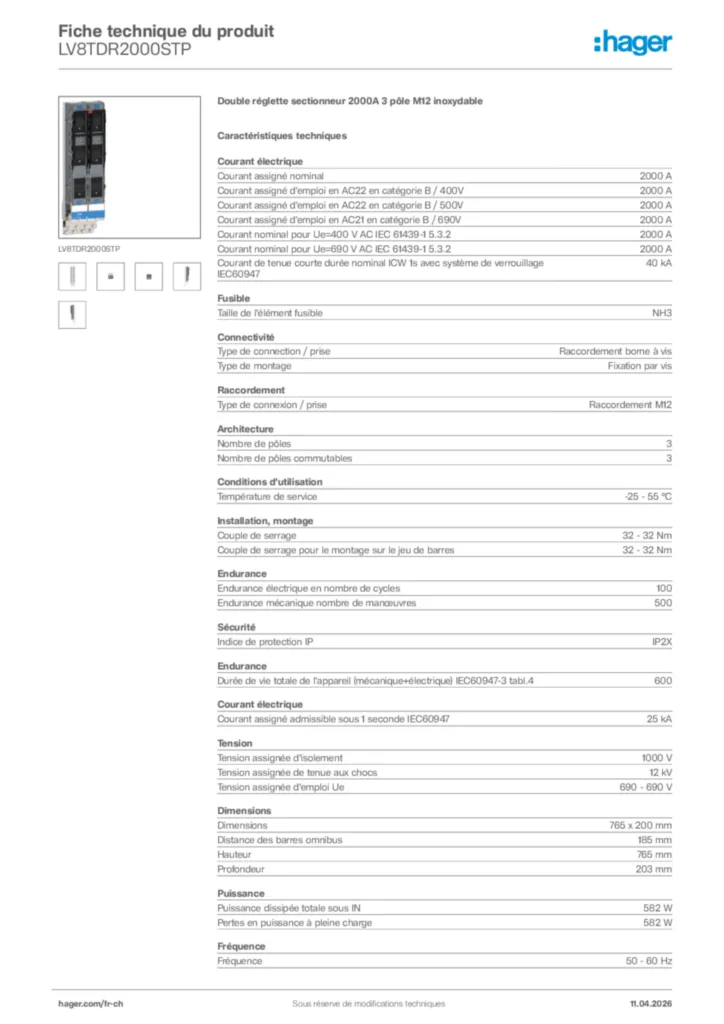 Image Hager Fiche technique du produit LV8TDR2000STP | Hager Suisse