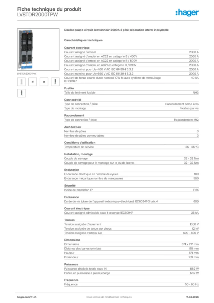 Image Hager Fiche technique du produit LV8TDR2000TPW | Hager Suisse