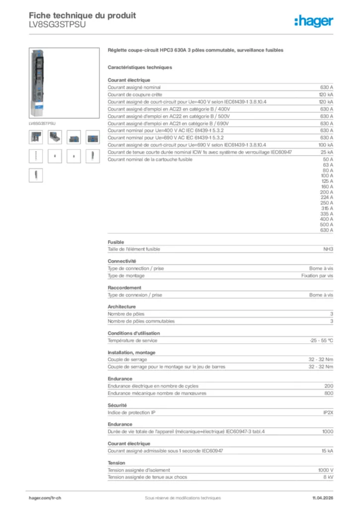 Image Hager Fiche technique du produit LV8SG3STPSU | Hager Suisse