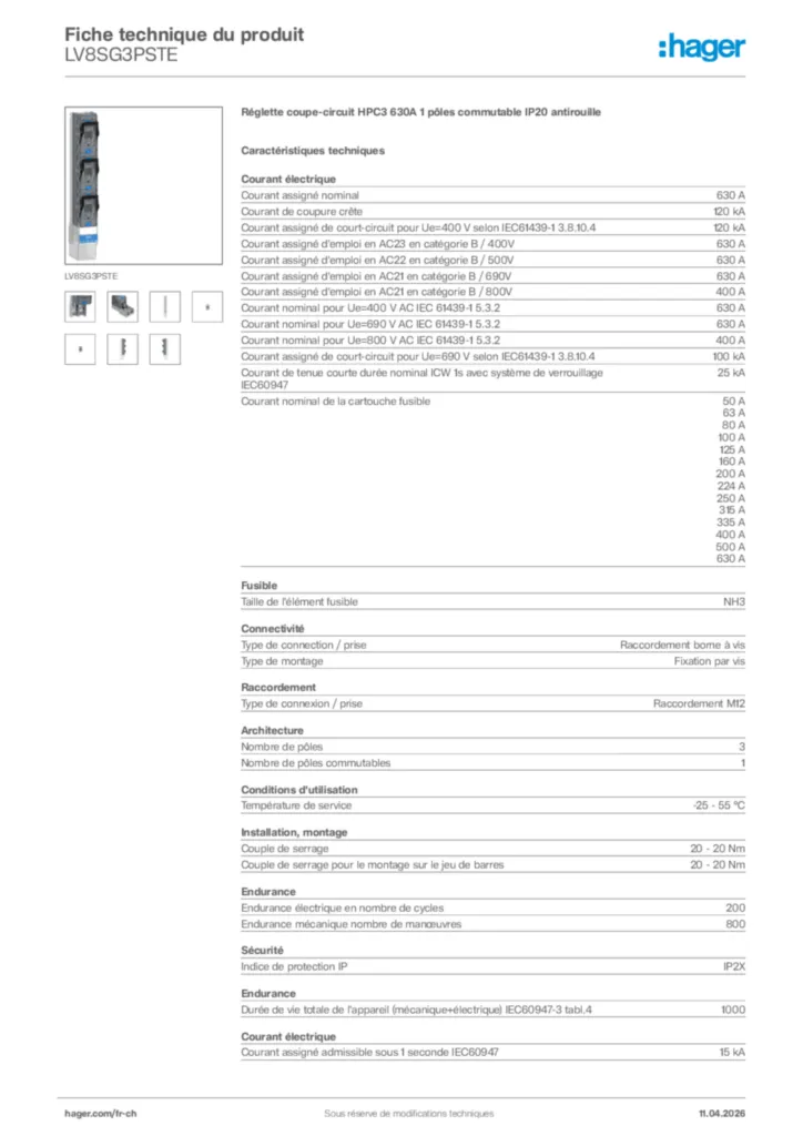 Image Hager Fiche technique du produit LV8SG3PSTE | Hager Suisse