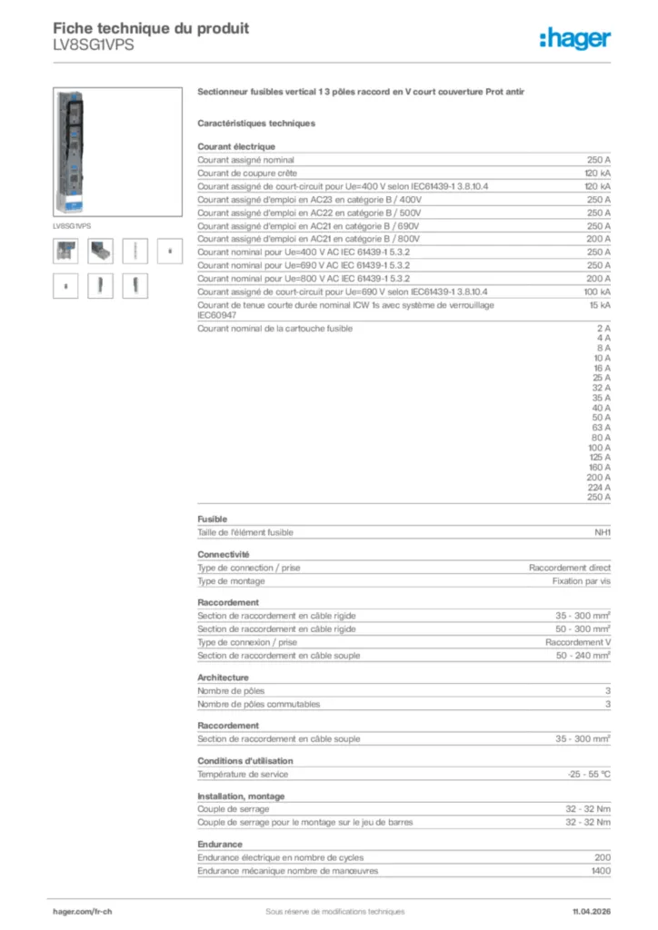 Image Hager Fiche technique du produit LV8SG1VPS | Hager Suisse
