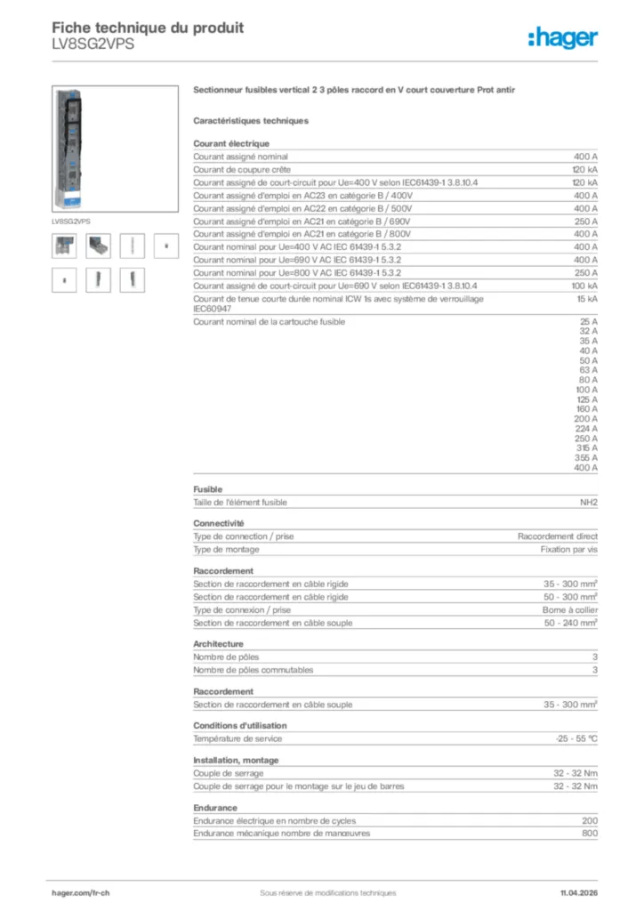 Image Hager Fiche technique du produit LV8SG2VPS | Hager Suisse