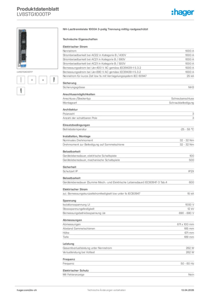 Bild Hager Produktdatenblatt LV8STG1000TP | Hager Schweiz