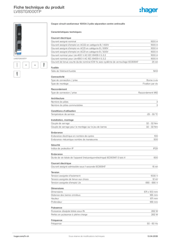Image Hager Fiche technique du produit LV8STG1000TP | Hager Suisse