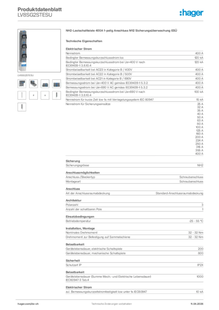 Bild Hager Produktdatenblatt LV8SG2STESU | Hager Schweiz