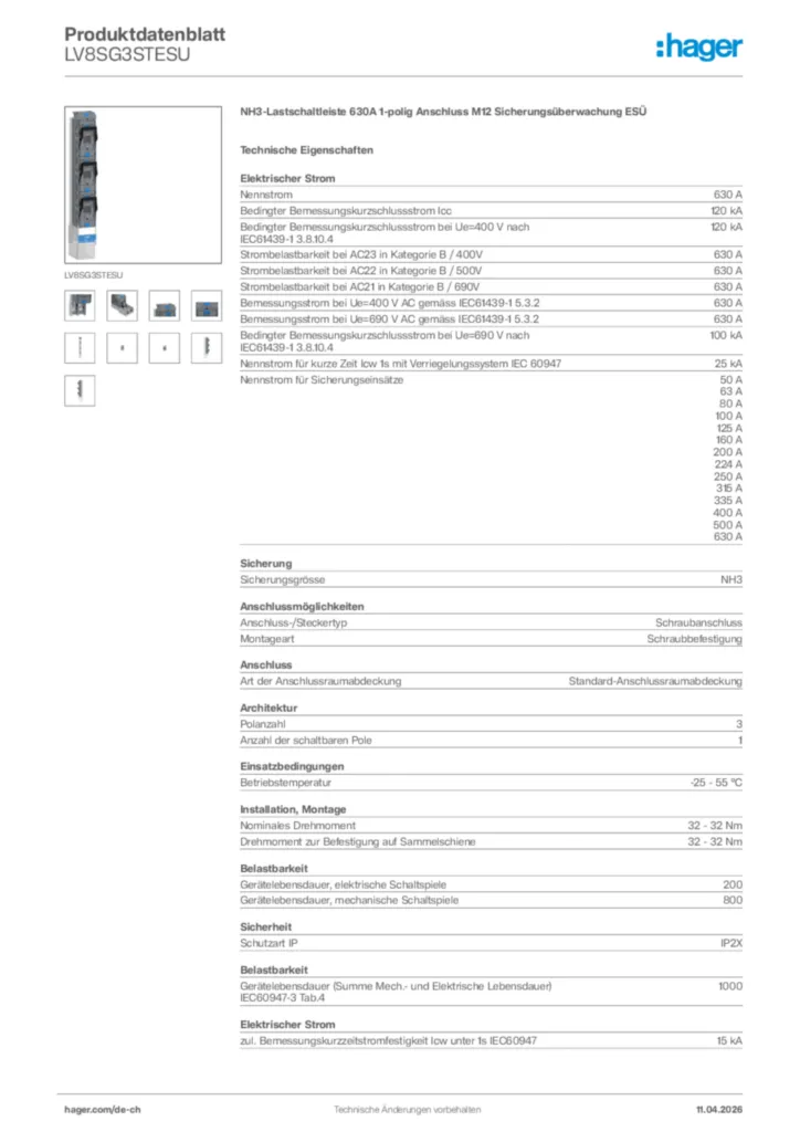 Bild Hager Produktdatenblatt LV8SG3STESU | Hager Schweiz
