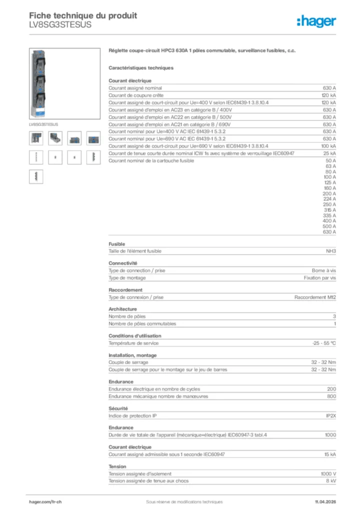 Image Hager Fiche technique du produit LV8SG3STESUS | Hager Suisse